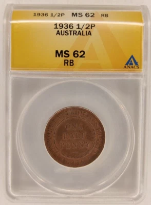 1936 Australia 1/2 Penny ANACS MS 62 RB Rare High Grade Bronze 1p George V 2B - Image 1 of 4