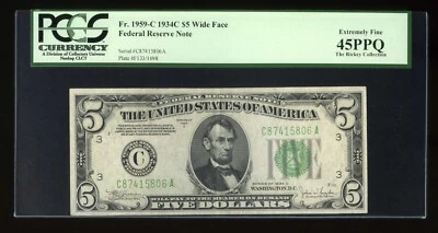 DBR 1934-C $5 FRN Philadelphia Fr. 1959-C Wide PCGS 45 PPQ Serial C87415806A - Image 1 of 2