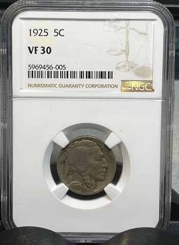 1925 Buffalo Nickel 5 Cents NGC Certified VF30 Very Fine Condition Coin Cover