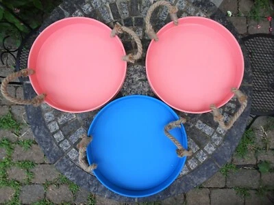 (3) Party/poolside/Summer round 12" iron metal Serving Trays w/ rope blue coral - Image 1 of 3