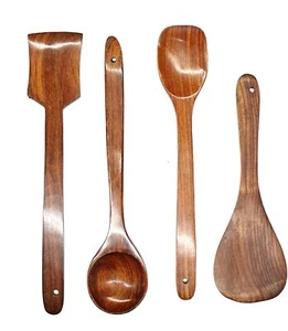 Wooden Serving and Cooking Spoons Brown Spoons Kitchen Utensil Set 4Pcs - Picture 1 of 4