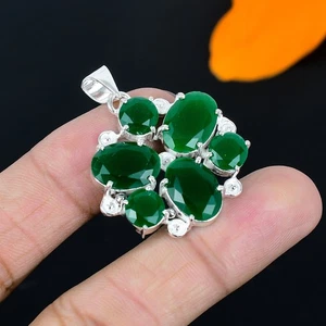 Pendente In Argento Sterling 925 Fatto A Mano In Onice Verde 1.58" - Foto 1 di 5