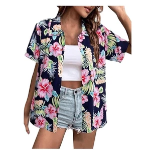 Hawaiian Tropical Women’s Shirt Navy Floral Stretch Cozy Size Large - Picture 1 of 6