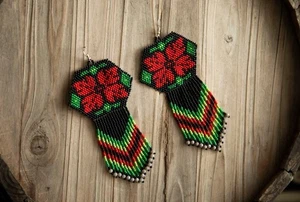 Tribal Earrings Native Large Boho American Seed Beads Handmade Earring - Picture 1 of 2