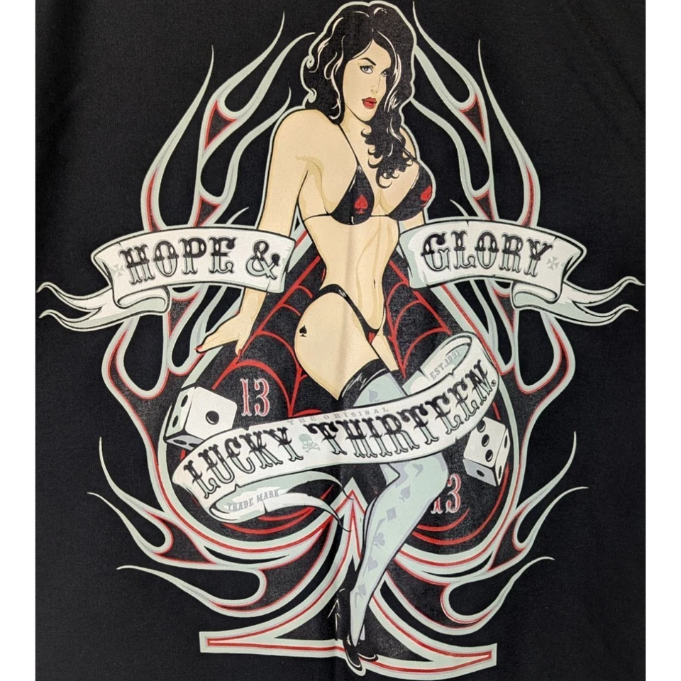 Lucky 13 Shirt Mens Medium Pinup Girl Cards Poker Black Graphic Bikini Biker - Image 1 of 4