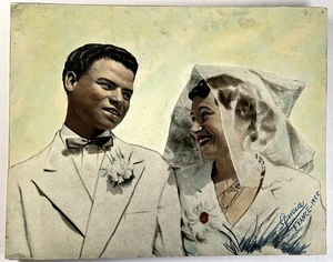 YOUNG COUPLE 1955 FRANCE FOLK ART COLORIZED PHOTO PORTRAIT w/ WOOD BASE * GARCIA - Picture 1 of 2