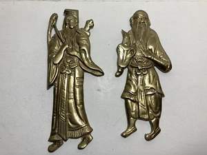 Chinese Brass Longevity Immortals 7.5” Wall Hanging Set Of 2 - Picture 1 of 11