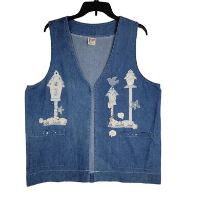 VTG Cactus California Denim Vest Lg Blue Embellished Bird Houses Studs USA - Image 1 of 4