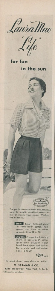 1950 Laura Mae Life Shirt Shorts Diversão ao Sol Banco Sanforizado Estampa Vintage Anúncio L7 - Imagem 1 de 1