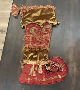Bella Rose Christmas Stocking Burgundy gold Brocade Tassel Bells Velvet 23" EUC - Picture 1 of 6