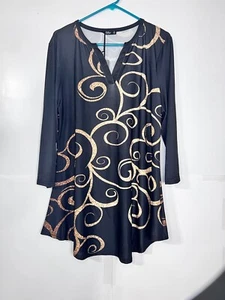 Blusa túnica Lily By Firmiana talla grande 1X negra dorada remolino fluida manga 3/4 - Imagen 1 de 8