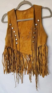 Vintage Suede Fringe Studded Vest Hippie Western 60's-70's Mustard Yellow/ Tan - Picture 1 of 15
