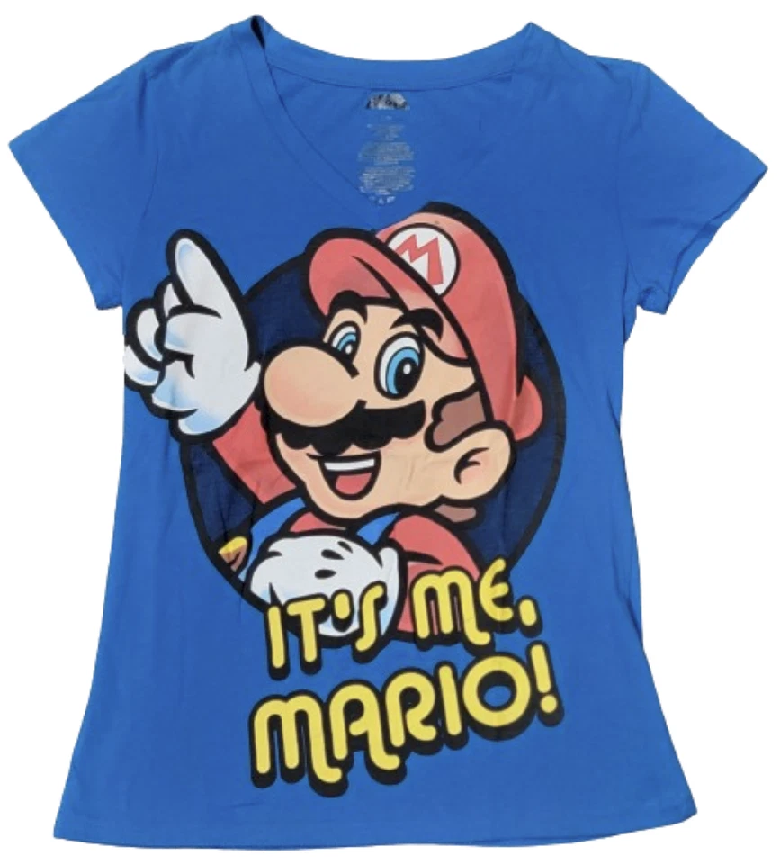 Official Nintendo Super Mario Bros Blue V-Neck "It's Me, Mario!" Shirt! Foto 1 de 1