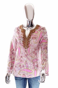Blusa Top Túnica Cynthia Rowley Rosa Cachemira Bordada Cuello en V - Talla Pequeña - Imagen 1 de 6