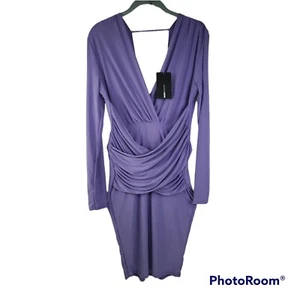 NWT Fashion Nova Dress Women's Medium Ruched Tummy Deep V Purple - Picture 1 of 7