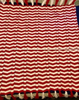 59.5" x 61.5" CROCHET THROW BLANKET RED WHITE CHEVRON TASSLES CANDY CANE DELIGHT - Image 1 of 4