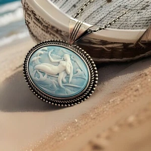 Mermaid Cameo Necklace Vintage Pendant Lt. Ocean Blue Siren Lady Antique Silver - Picture 1 of 4