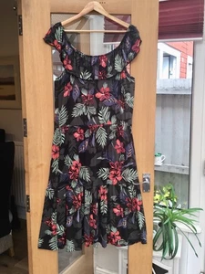 Peacocks Bardot Tropical Floral Leaf Tiered Summer Midi Dress Size 18 Sundress - Picture 1 of 8