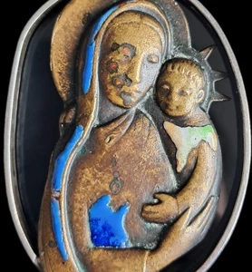 1900 Enamel Bronze Religious Virgin Mary & Child Art Deco Reliquary Icon Pendant - Picture 1 of 14