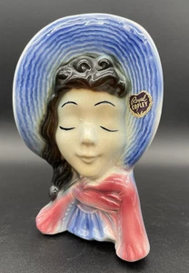 VTG Royal Copley Lady Head Vase Wall Pocket Planter Blue Bonnet w. Foil Sticker - Picture 1 of 10