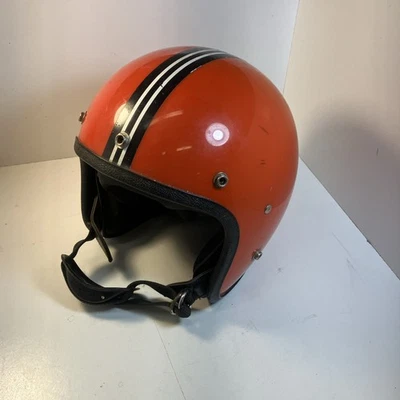 老式 Lear Siegler LSI-4150 摩托车头盔橙色带赛车条纹 — 第 1/4 张图片