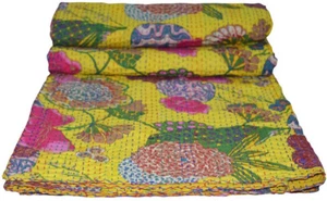 Fruit Print Yellow Throw Kantha Quilt Cotton Bedding Decor Quilt 90"x108 In - Picture 1 of 3