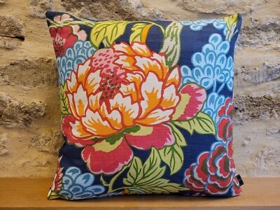 Thibaut Honshu Bright Royal Linen Dynasty & Blue Velvet Fabric Cushion Cover B - Image 1 of 4
