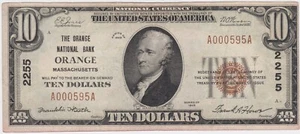 KAPPYSCOINS W1014 $10.00 1929 THE ORANGE NATIONAL BANK ORANGE MA LOW SN EF XF - Picture 1 of 2