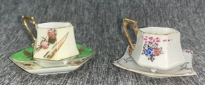 Occupied Japan Miniature Square Floral Green White Gold Cup & Saucer Hexagon - Picture 1 of 8