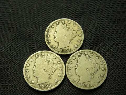 1887 1893  1912 D Liberty V Nickels part Liberty US type coins Cover