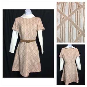 Vtg 60s Mod A Line Contrast Dress Sz S Geometric LS Belted Beige White Handmade - Picture 1 of 12