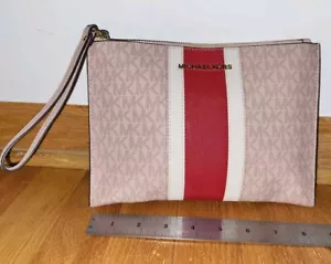 Michael Kors Center Stripe MK Signature Zip Top Clutch Wristlet Wallet Pink - Picture 1 of 9
