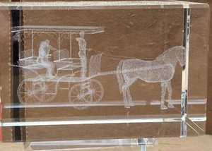 Horse Drawn Carriage 3D Laser Etched Crystal Glass Cube Paperweight 3" x 2"x 2 " - Picture 1 of 5