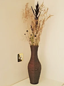 Wicker vase vintage wood cane large dark brown - Picture 1 of 10