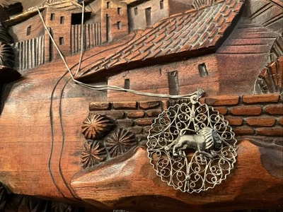 old LARGE 1 3/4" Leo Zodiac Sterling Silver Filigree Pendant 17" chain Necklace - Image 1 of 4