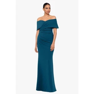 Betsy&adam TANYA LONG OFF SHOULDER SCUBA CREPE BLUE GREEN GOWN DRESS 18W $269 - Picture 1 of 7