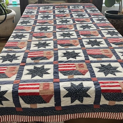 Vintage Americana Handmade Quilt 95 x 98 in Patriotic Cabin Star Patchwork - Image 1 of 4