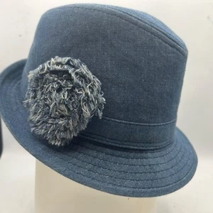 Hat. Blue Cotton Twill Fedora with fringed side decor One Size. blue - Picture 1 of 3