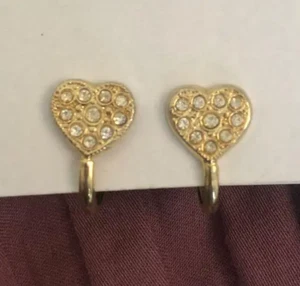 CELINE Vintage Earrings Back Screw Heart Shape Gold Rhinestone Simple Design - Picture 1 of 8