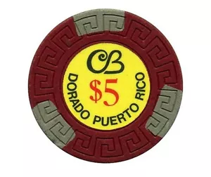 Raro chip casinò CERROMAR BEACH CB $5 DORADO Porto Rico CBH-5e punte grigie RARO - Foto 1 di 2