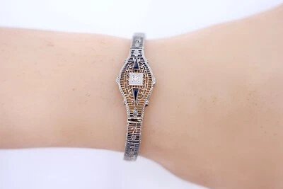 20er Floral Filigranes Damen Armband 10K Weißgold PHILADELPHIA Diamant & Saphir - Bild 1 von 4