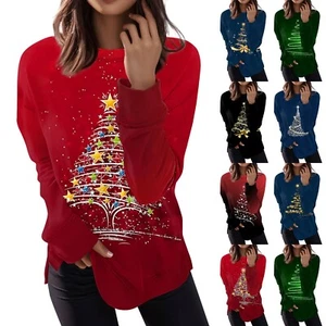 Women's Fashion Long Sleeve Pullover Sweatshirt Casual Tee Christmas Printed - Picture 1 of 33