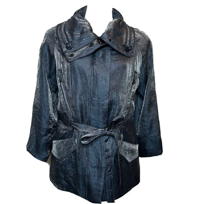 Samuel Dong Coat SMALL Silver Metallic Trench Coat Jacket Zipper Tie Snaps - Image 1 of 4