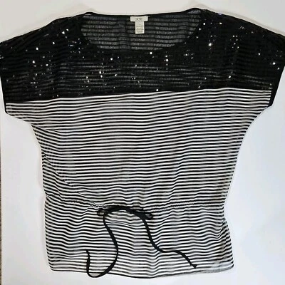 Cache Sequined Blouse Womens Medium Waist Tie Black White Striped Party Ready - Image 1 of 4