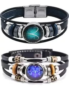 2Pcs Multilayer Constellation Zodiac Leather Bracelet Handmade Woven Zodiac Sign - Picture 1 of 7