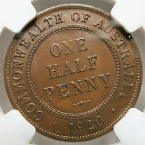 AUSTRALIA Half 1/2 Penny 1920 NGC MS63 BN UNC Quality George V Bronze Graded - Picture 1 of 3