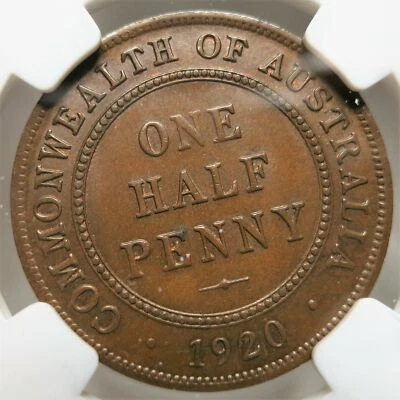 AUSTRALIA Half 1/2 Penny 1920 NGC MS63 BN UNC George V Bronze Britain Crown - Image 1 of 3