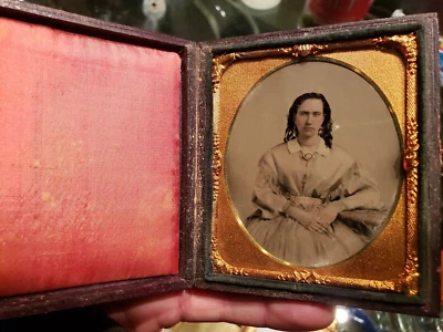 ambrotype of young woman with swan leather case that is rare - Image 1 of 2