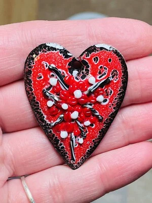 Colgante Corazón Negro Blanco Y Rojo Componente Vidrio Esmaltado Hecho a Mano Foto 1 de 4