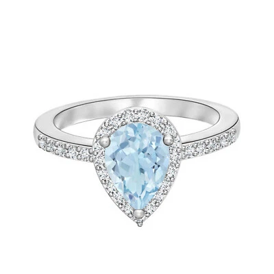 Pear-Shaped Blue Natural Aquamarine Halo Engagement Ring 925 Sterling Silver - Image 1 of 2